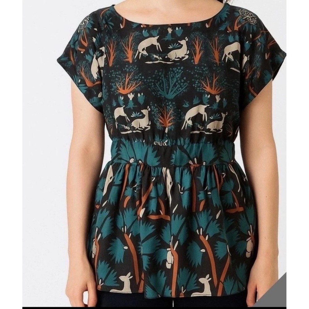 Anna Sui Anthropologie Silk Deer Forest Print Peplum Top Goblincore Cabin Fall 8